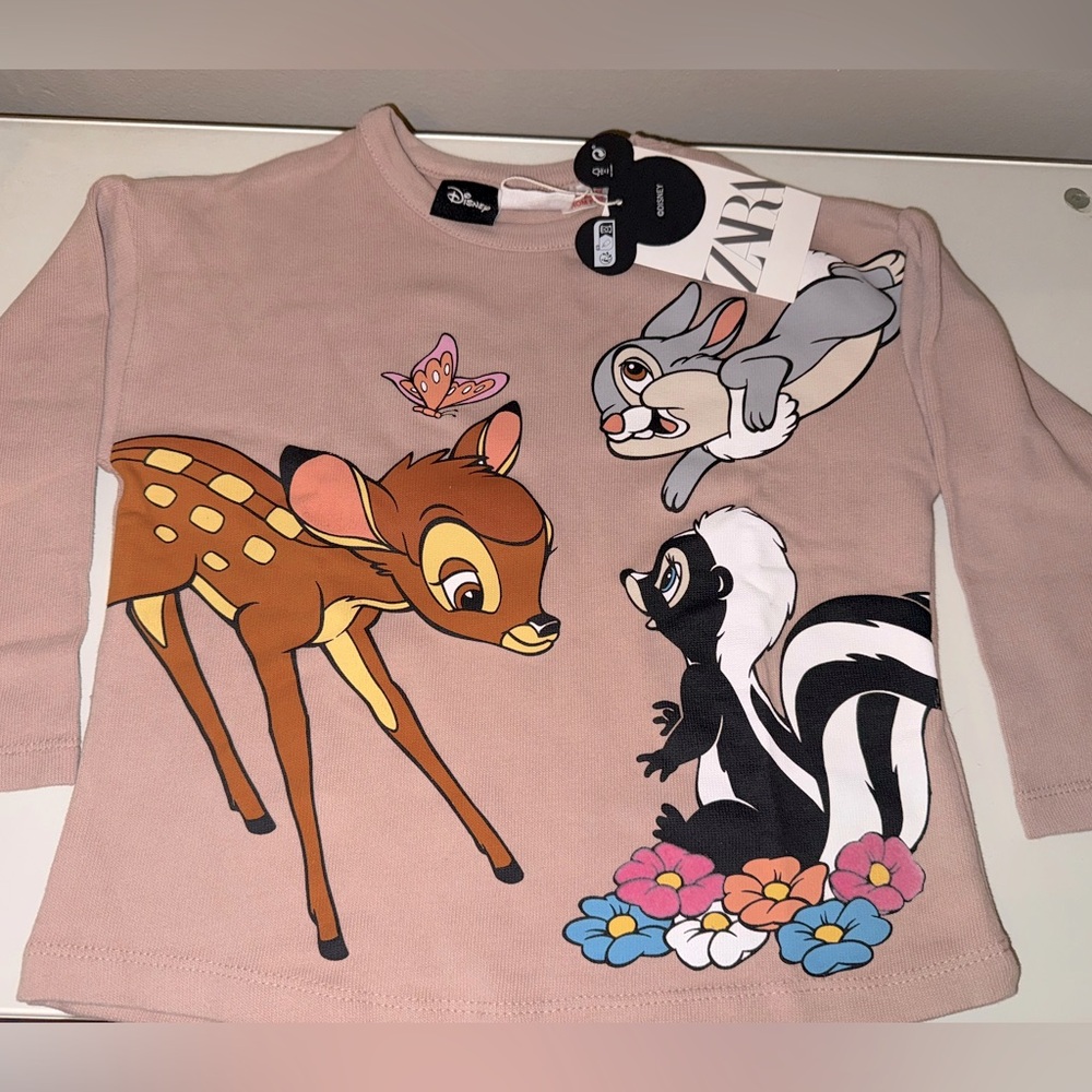 Zara Disney Kids Shirt with Bambi Print on Mauve color sweatshirt.